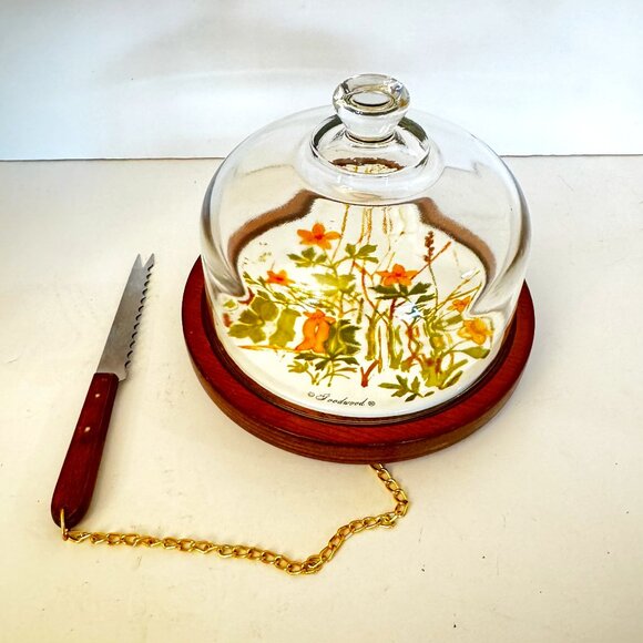 Goodwood Vintage Cheese Tray Wood Tile with Knife Chain Dome Yellow Green - Picture 1 of 12
